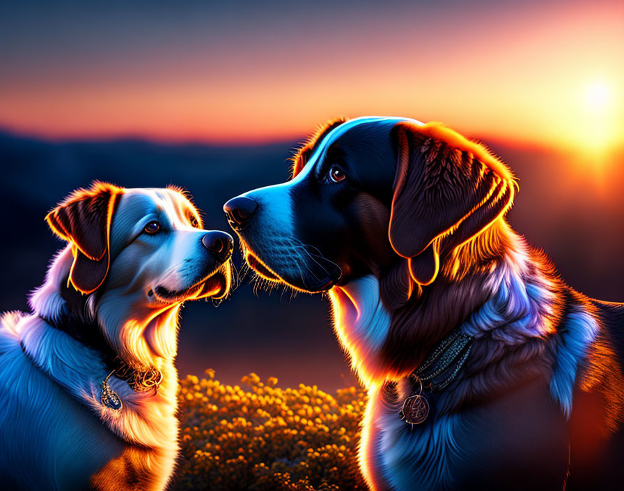 Two dogs in vibrant sunset: one golden, one white with brown markings