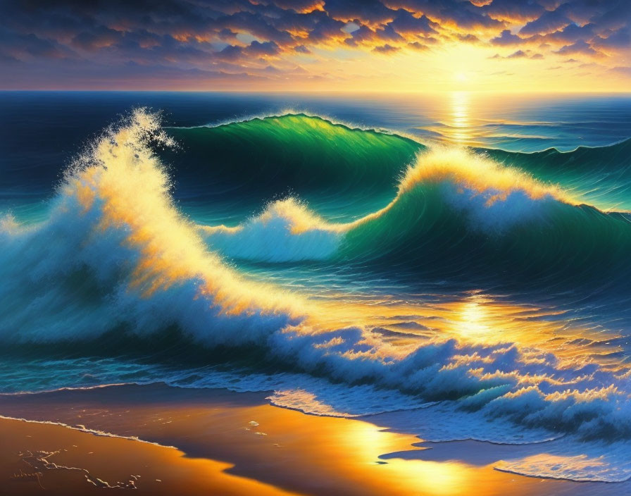 Colorful painting of waves under sunset sky.