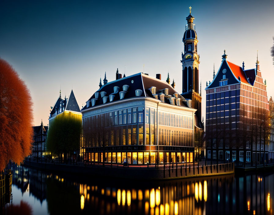 European Cityscape Twilight Panoramic View with Historic Buildings and Canal Reflections