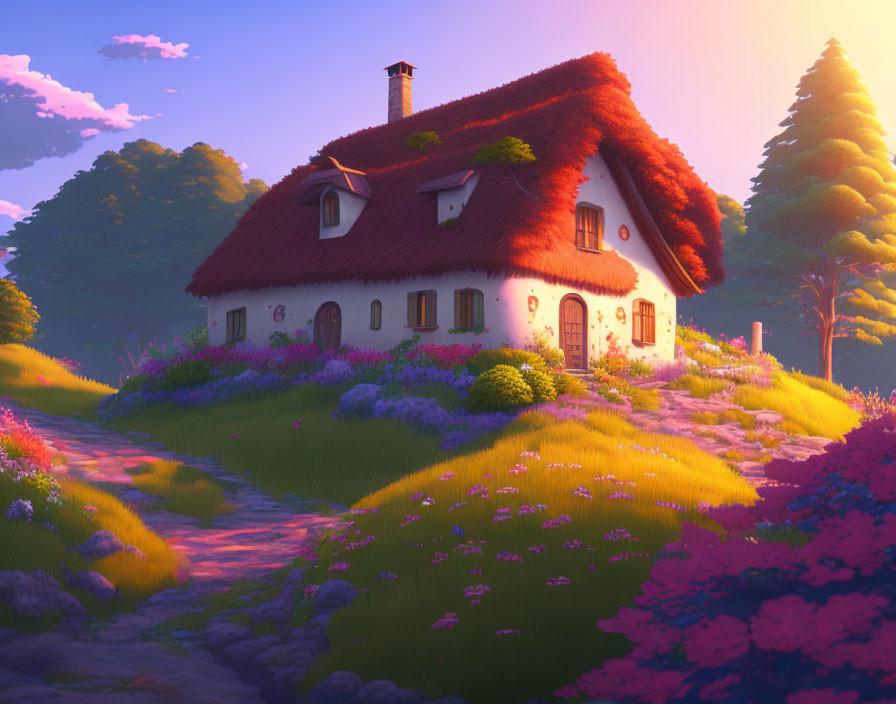 Charming cottage with red roof, colorful flowers, and sunset glow