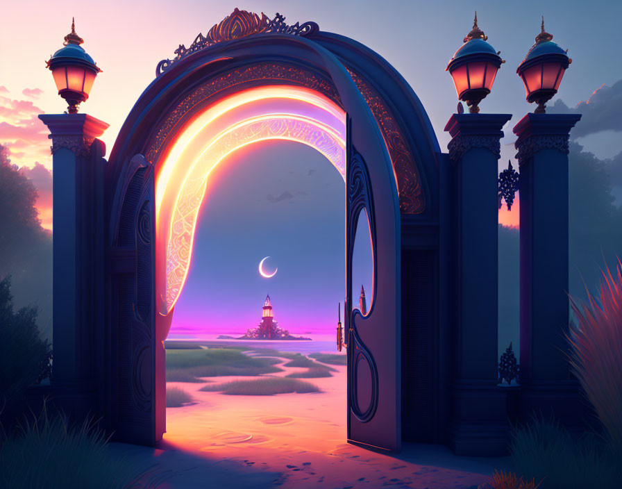 Mystical gate revealing vibrant twilight scene with crescent moon and distant lighthouse