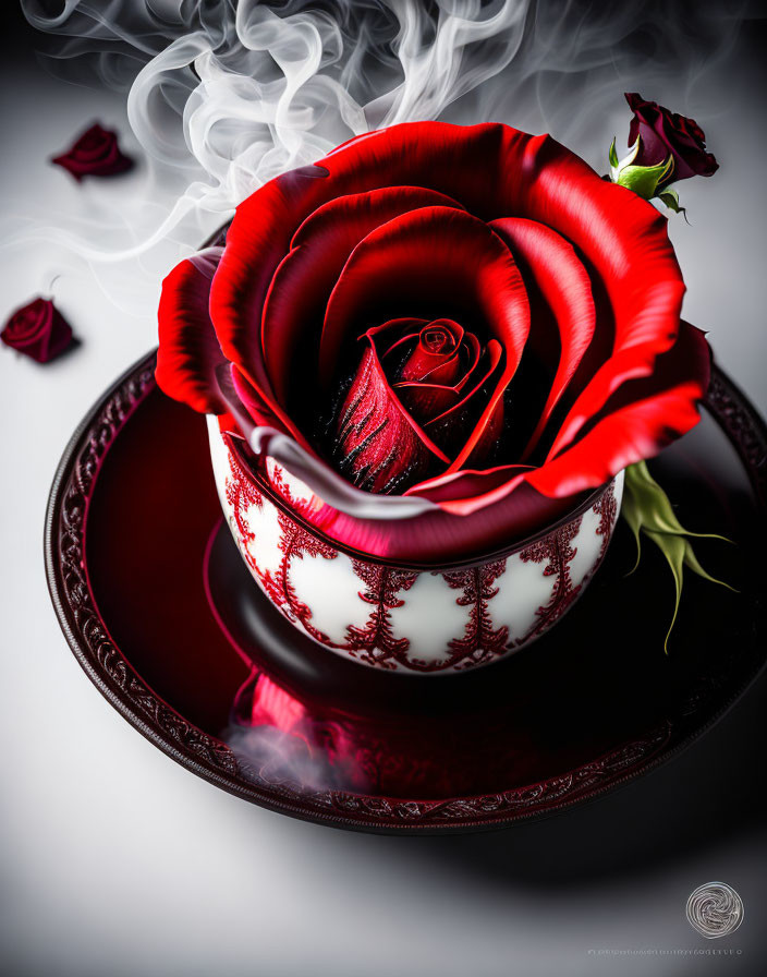 Intricate red rose in ornate teacup with smoke and petals