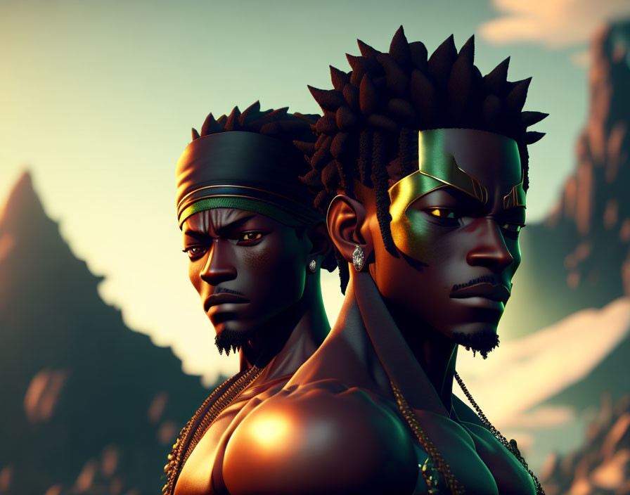 Stylized male characters with headbands and earrings against sunset and mountains