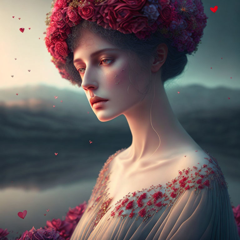 Woman in flower crown and red floral dress in dreamy landscape with floating hearts