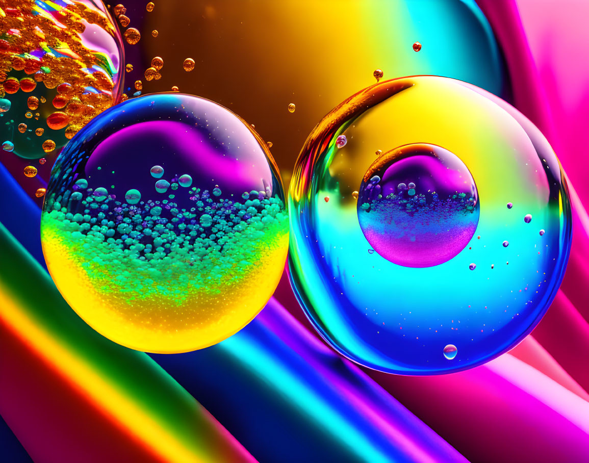 Colorful oil and water mix with translucent spheres and rainbow gradients