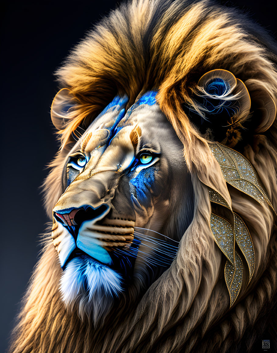 Detailed lion art with blue tribal face paint and golden accents