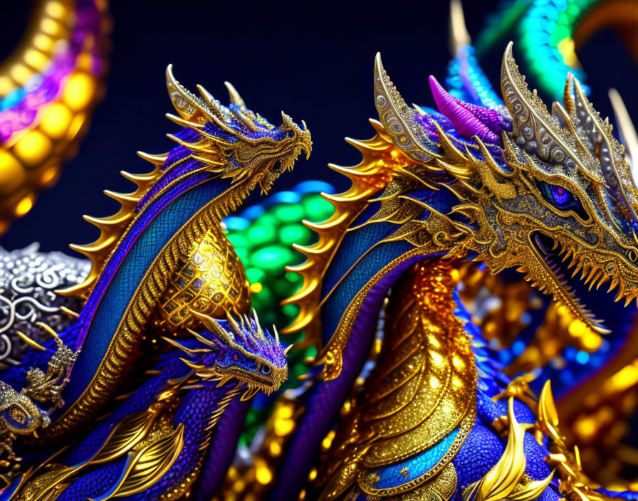 Colorful Dragon Sculptures: Gold, Blue, and Green Scales