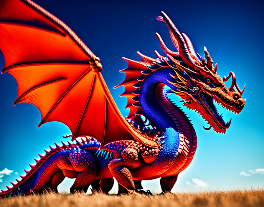 Colorful Dragon with Red Wings and Horns in Blue Sky