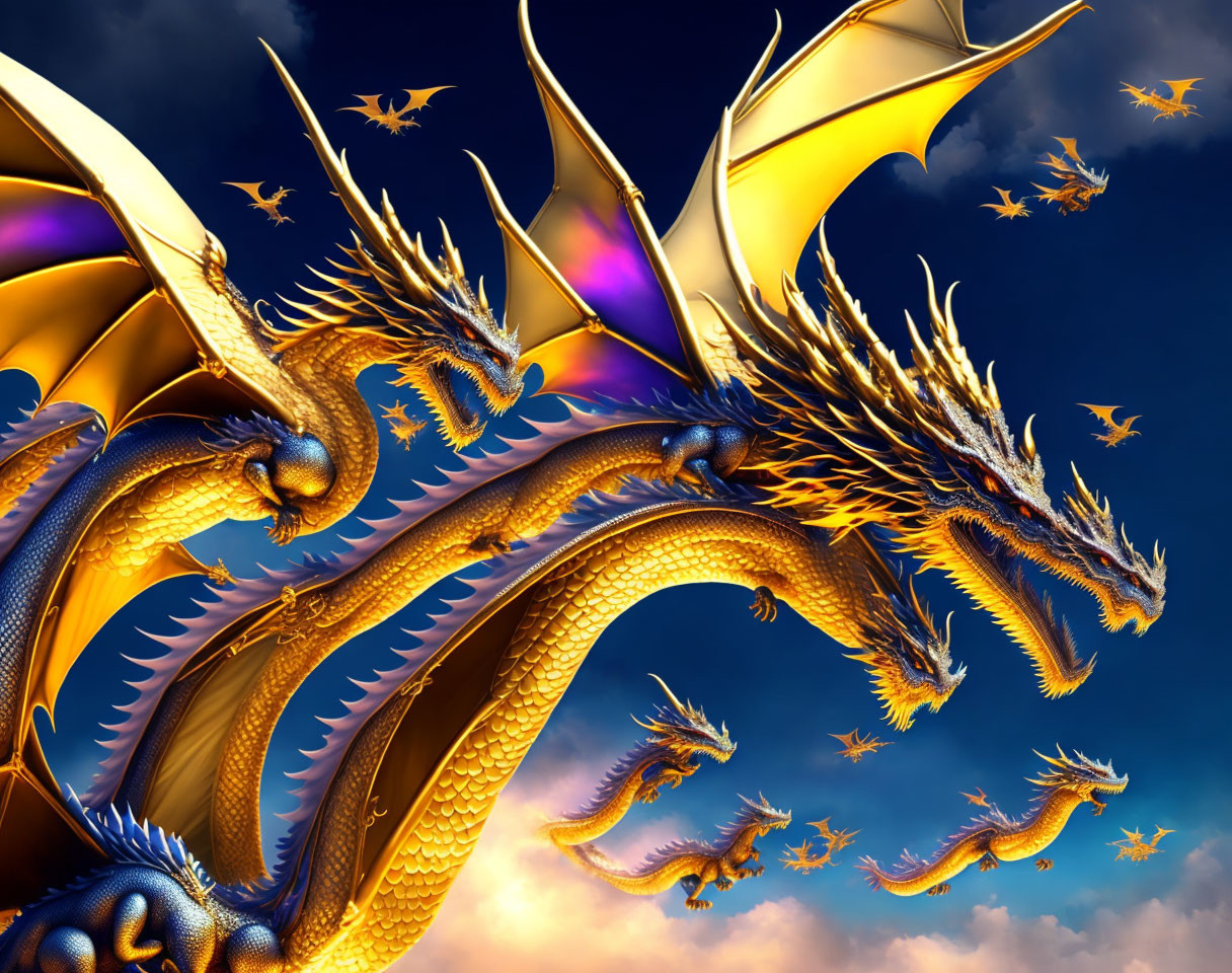 Golden multi-headed dragon flying amidst cloudy sky with other dragons