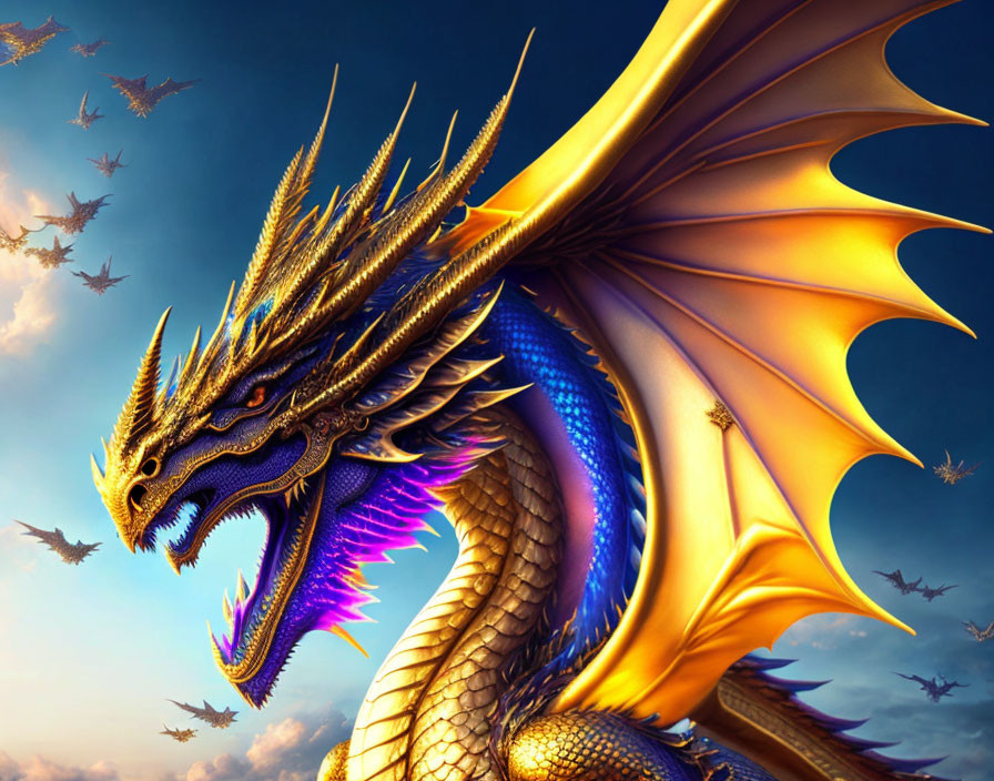 Golden dragon with blue scales soaring under a sky with smaller dragons