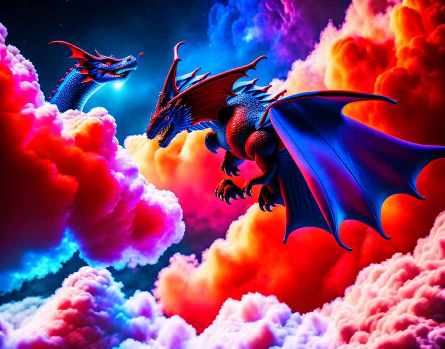 Fantasy scene: Two flying dragons in colorful sky