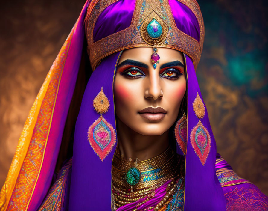 Traditional attire and jewelry on woman with intricate makeup