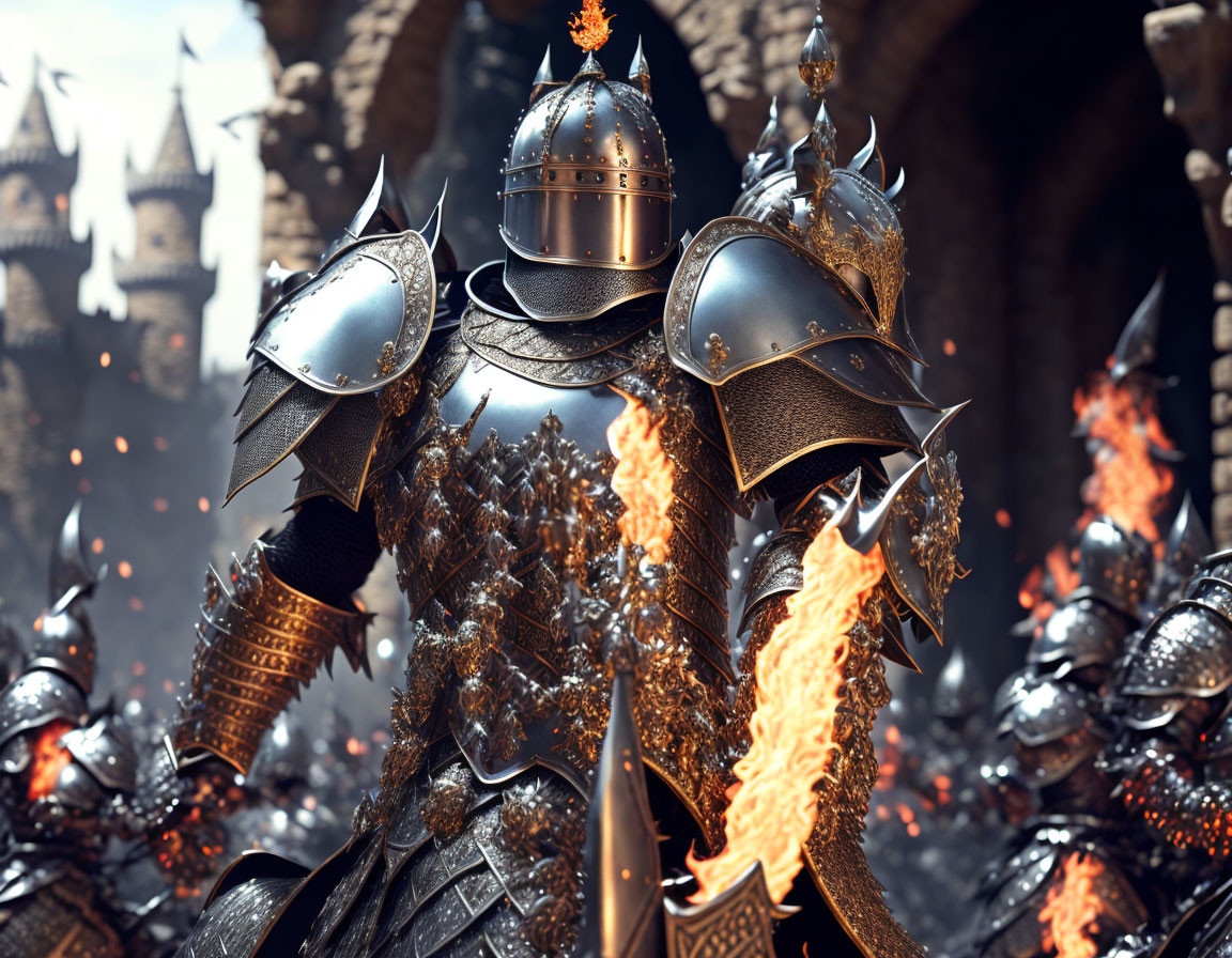 Digital art: Knights in ornate armor, one highlighted by fiery effects, in a castle setting.