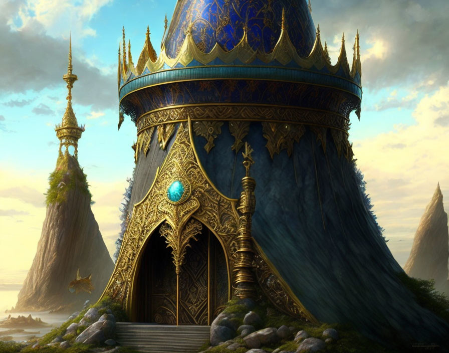 Fantasy palace with blue domed roof and golden details in mountain landscape