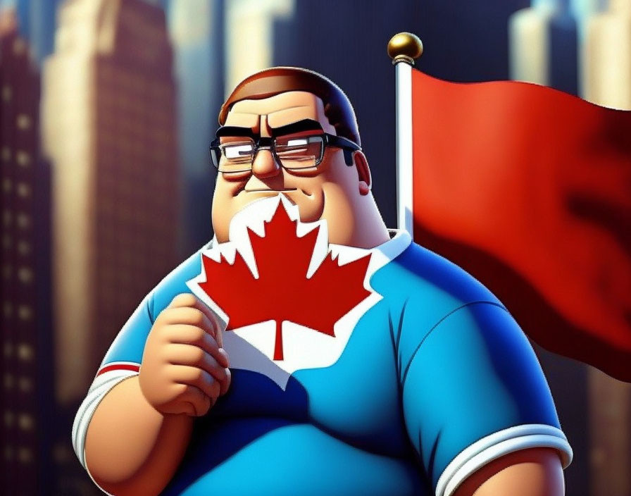 Cartoon character with glasses and moustache holding maple leaf in cityscape.