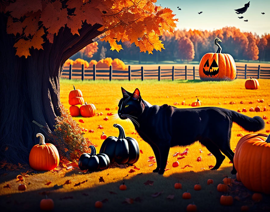 Black Cat Among Pumpkins in Autumn Halloween Scene