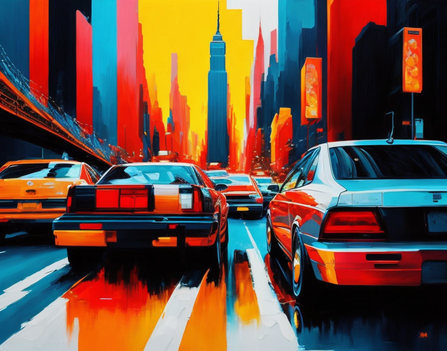 Colorful cityscape painting with cars, skyscrapers, and traffic lights