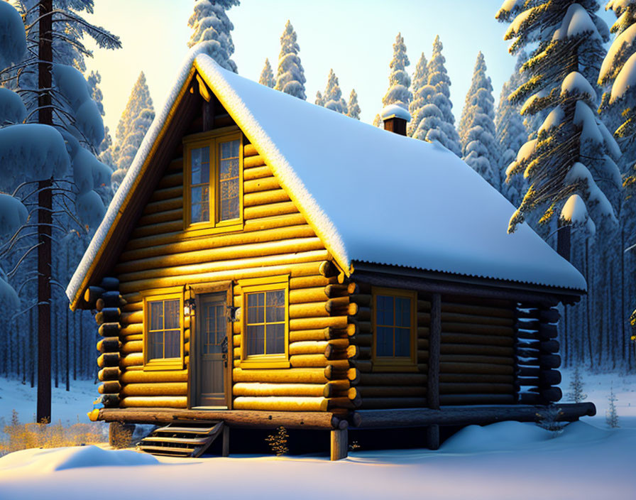 Snow-covered log cabin in serene snowy forest