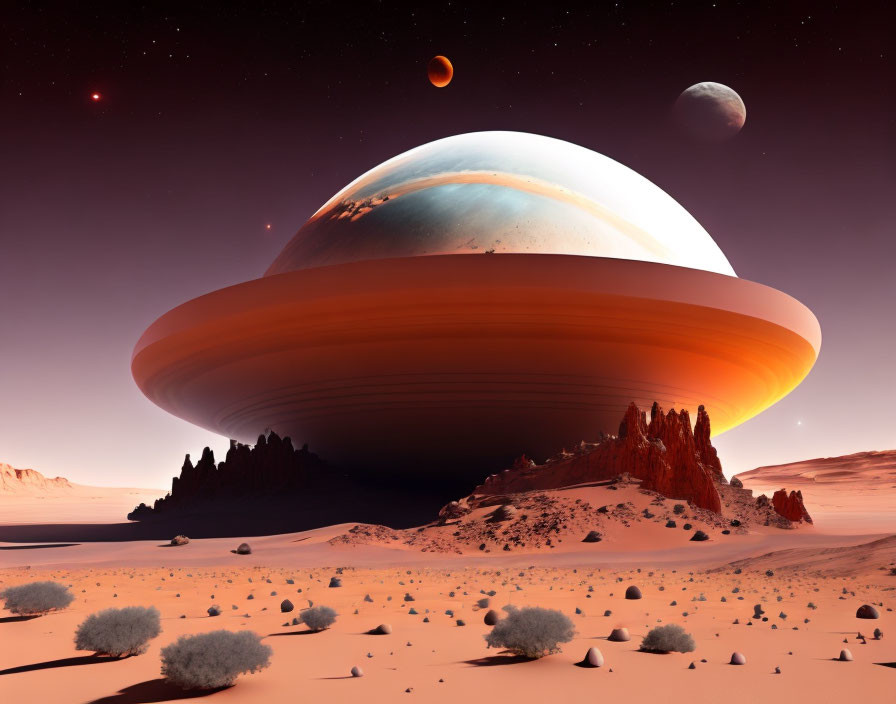 Surreal desert landscape with giant planet and two moons in starry sky