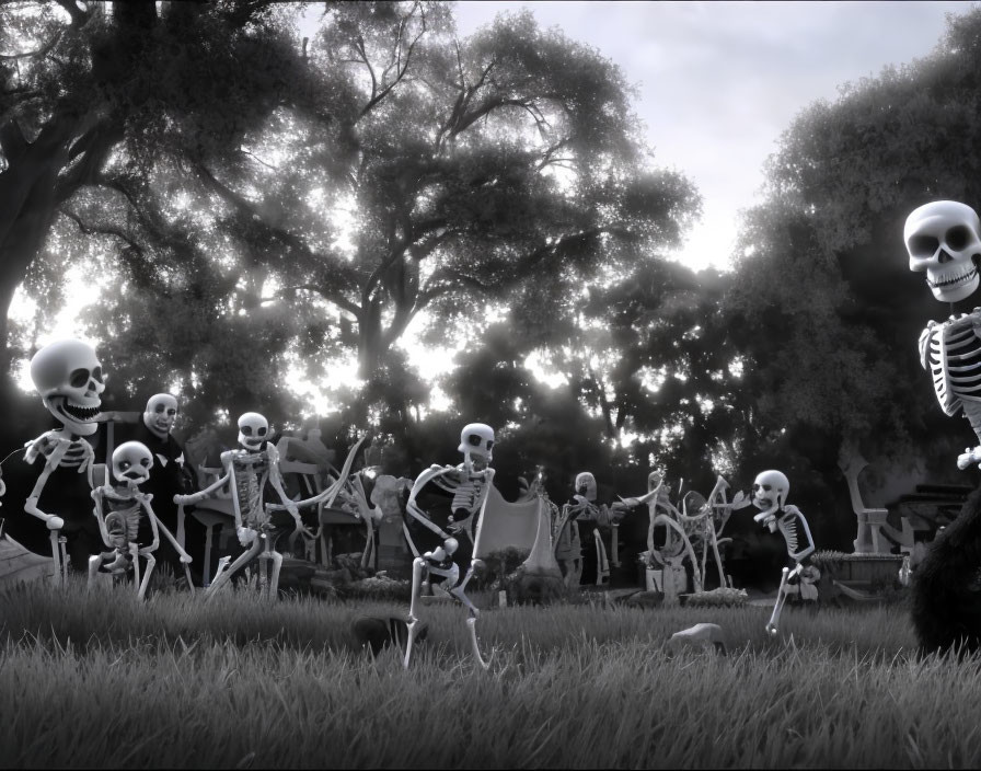 Skeletons dancing in gloomy tree landscape