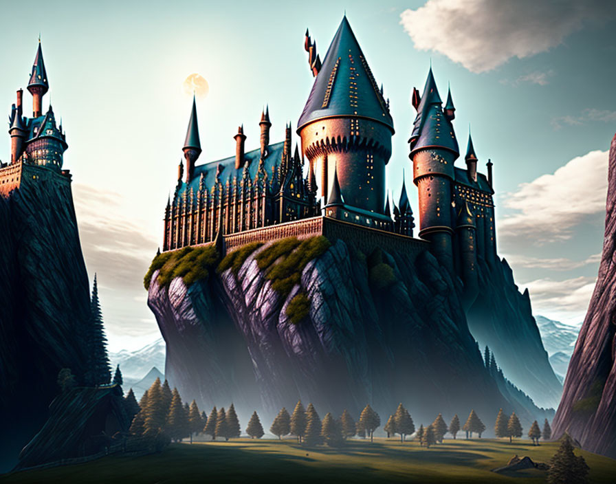 Fantasy castle with spires on cliff at dusk