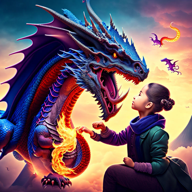 Girl with backpack faces blue dragon amidst fiery sunset and flying dragons.