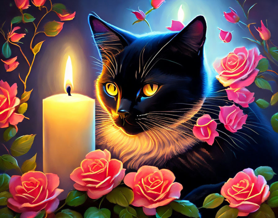 Beautiful black cat with lit candles and pink rose