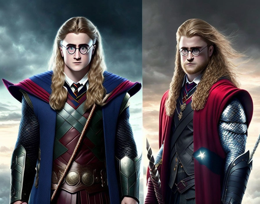 Stylized portraits of a man as modern and fantasy hero in heroic outfits against stormy sky