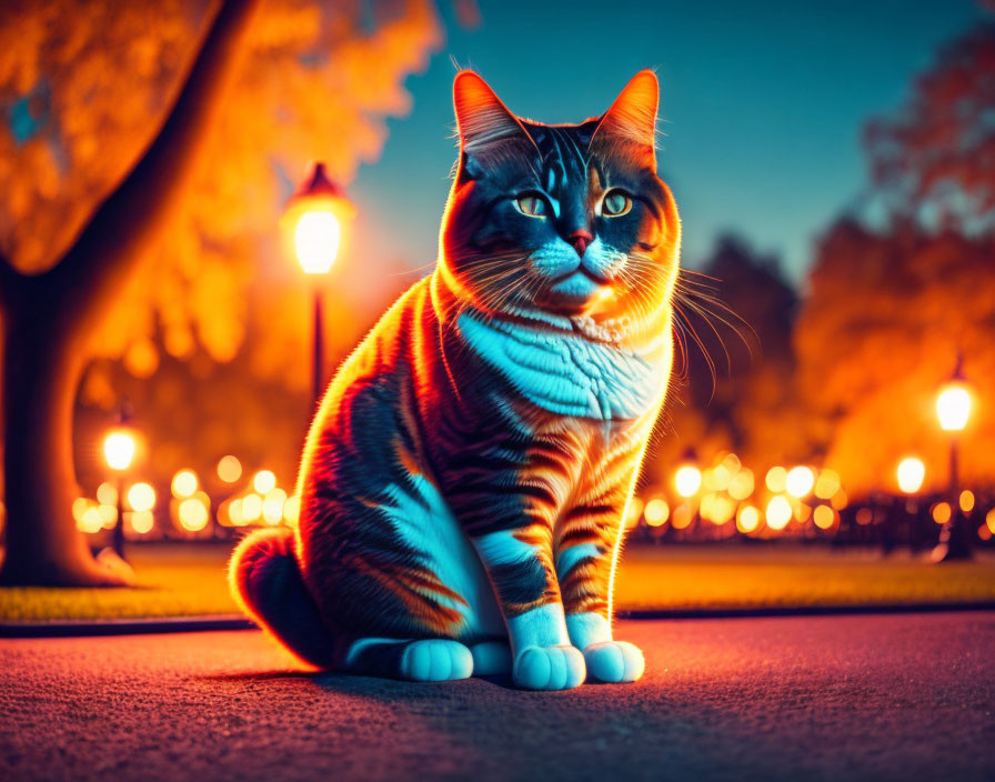 Cat sitting outdoors at dusk under blue neon lights