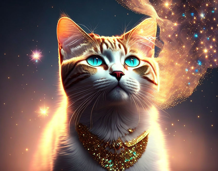 Cat with a sparkly cape and bright blue eyes