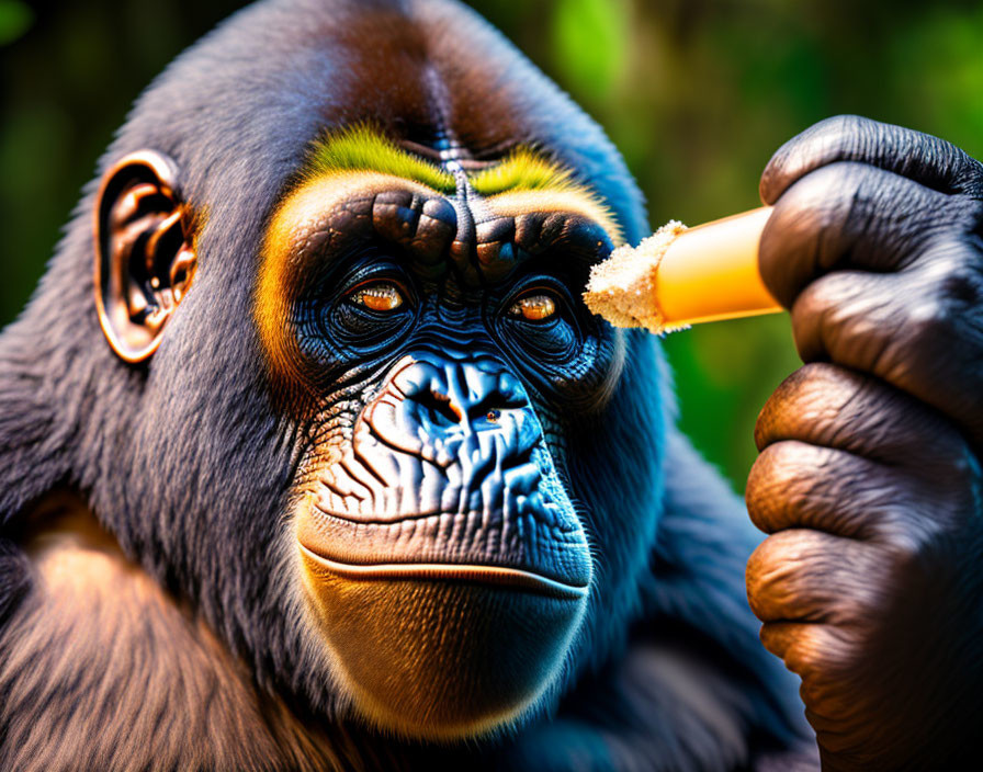 Dark-furred great ape inspecting orange object on green background