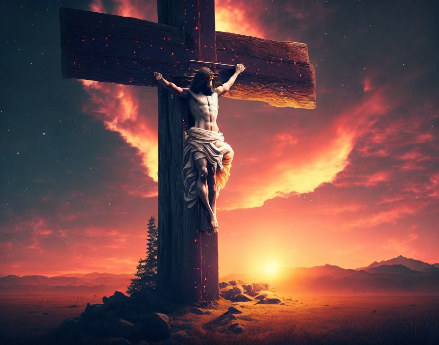 Religious artwork: Jesus Christ crucified at sunset