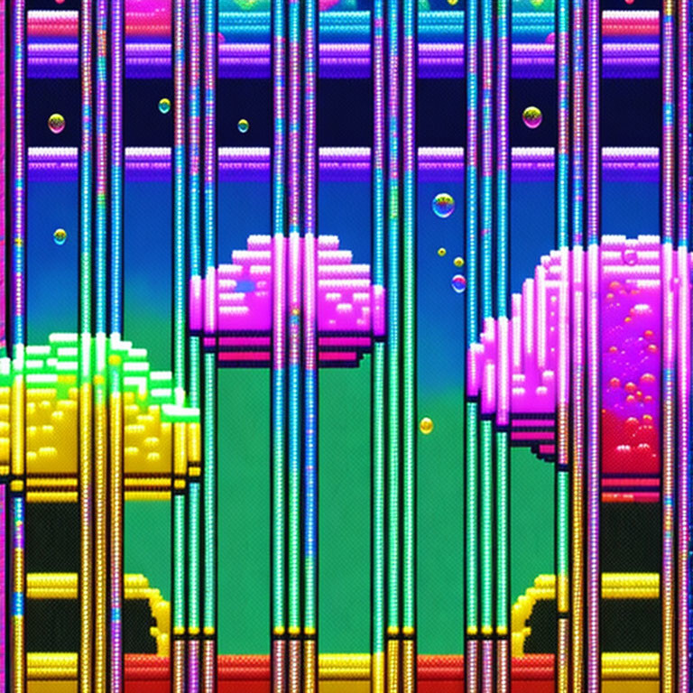 Vibrant vertical lines and stylized clouds in retro pixel art