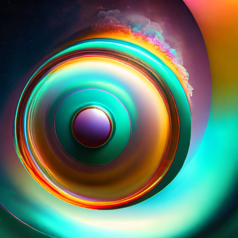 Colorful digital artwork with iridescent swirls and glowing rings, resembling a cosmic galaxy.