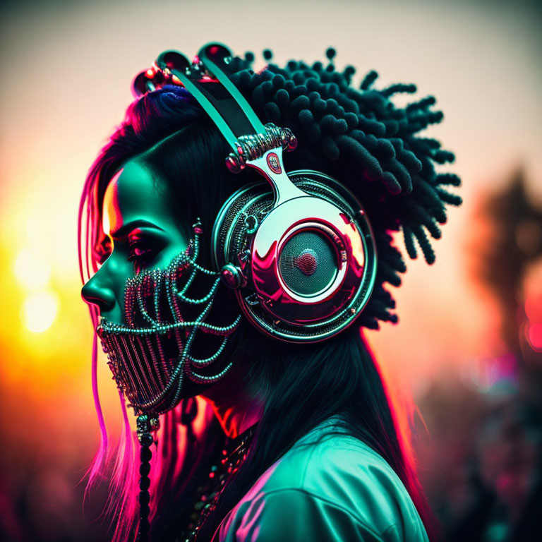 Colorful Neon-Lit Cyberpunk Woman with Unique Headphones and Facial Chains