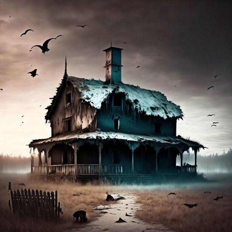 Abandoned two-story house in misty landscape with flying birds and prowling cat