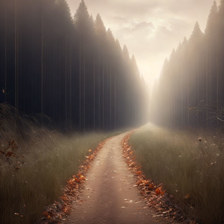 Tranquil forest path with tall trees and autumn leaves