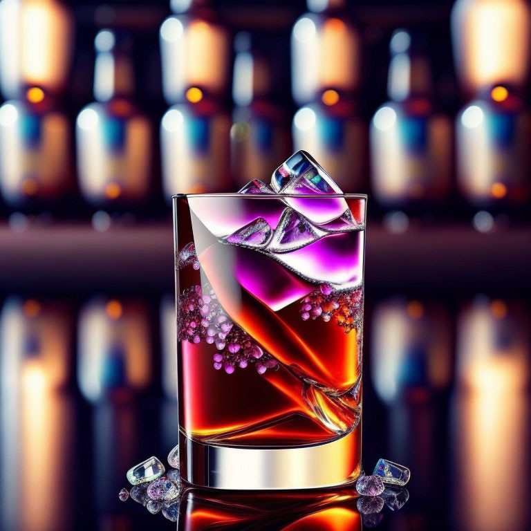 Amber-colored liquid with ice cubes and purple accents on polished surface