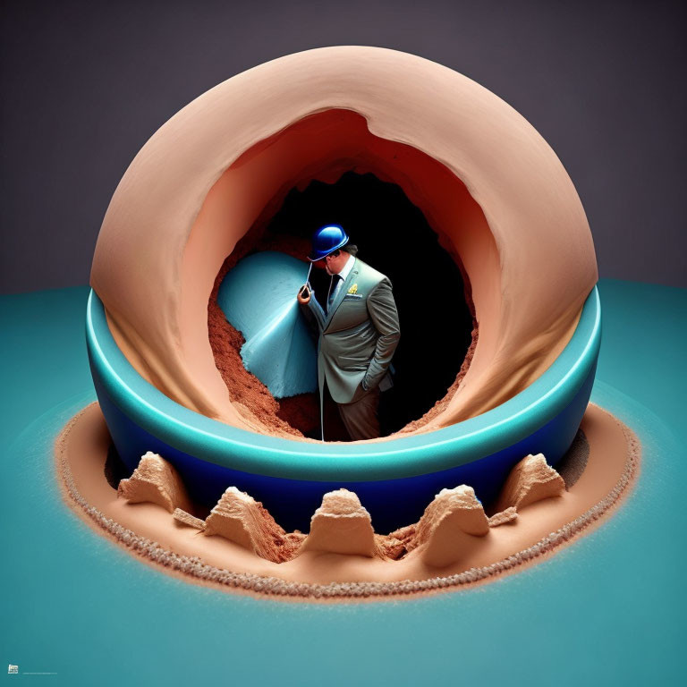 Miniature Figure Examines Model Earth Cross-Section