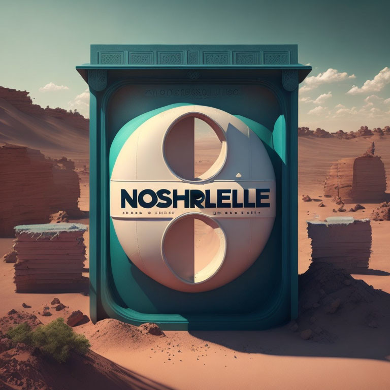 Surreal desert landscape with giant 'NOSHRLELLE' washing machine