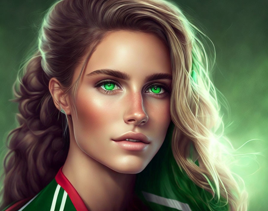 Portrait of a woman with green eyes, brown hair, red and white jacket, surrounded by green glow