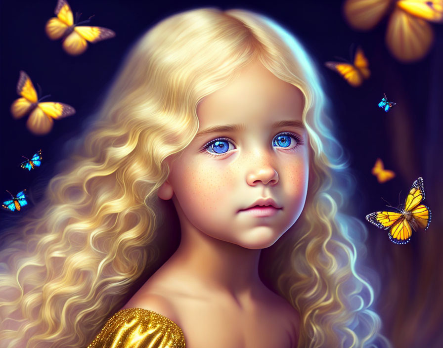 Young girl with curly blonde hair and blue eyes surrounded by colorful butterflies on dark background