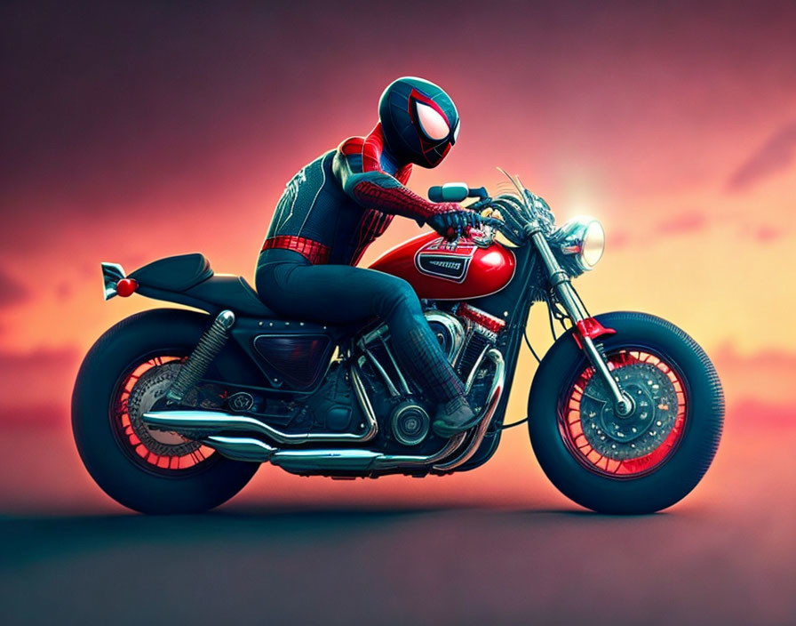 Spider-Man-themed motorcycle outfit rider on red motorcycle under dramatic sky