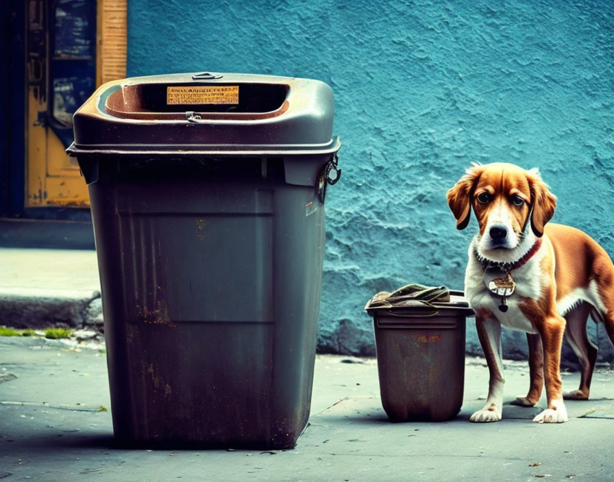 Brown and White Sad Dog Next to Trash Bins Against Blue Wall