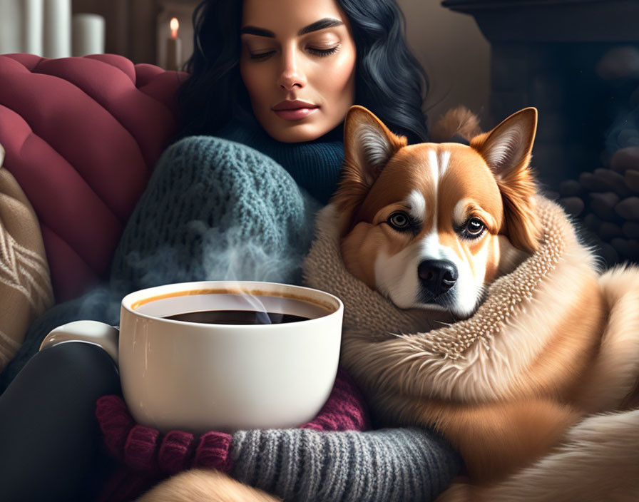 Woman enjoying coffee with corgi in scarf on cozy couch