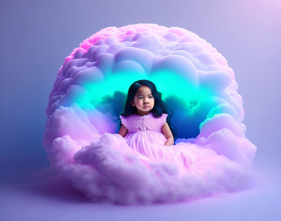 Young girl in pink dress surrounded by colorful cloud-like structure