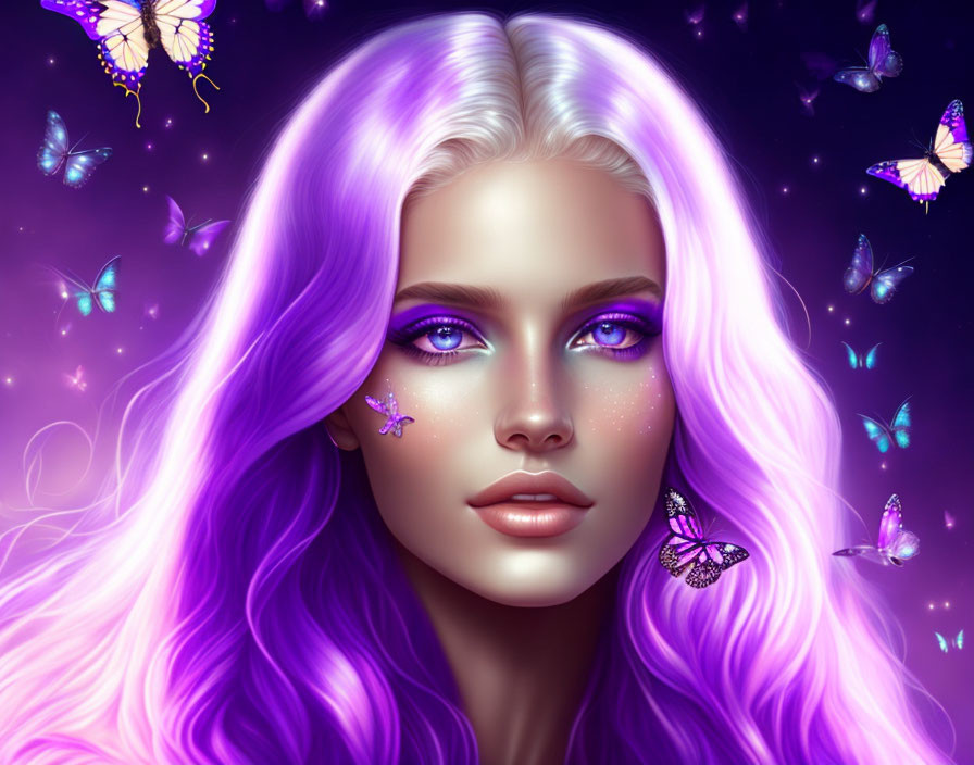 Portrait of Woman with Purple Hair, Blue Eyes, Butterflies, and Cosmic Background