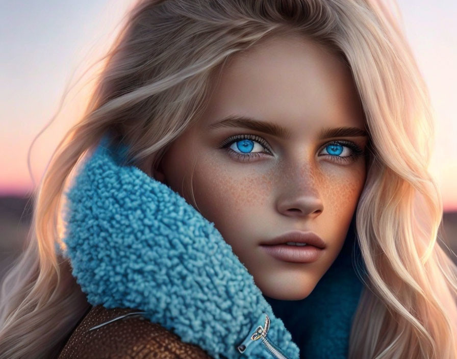 Young woman with blue eyes and freckles in jacket against sunset.