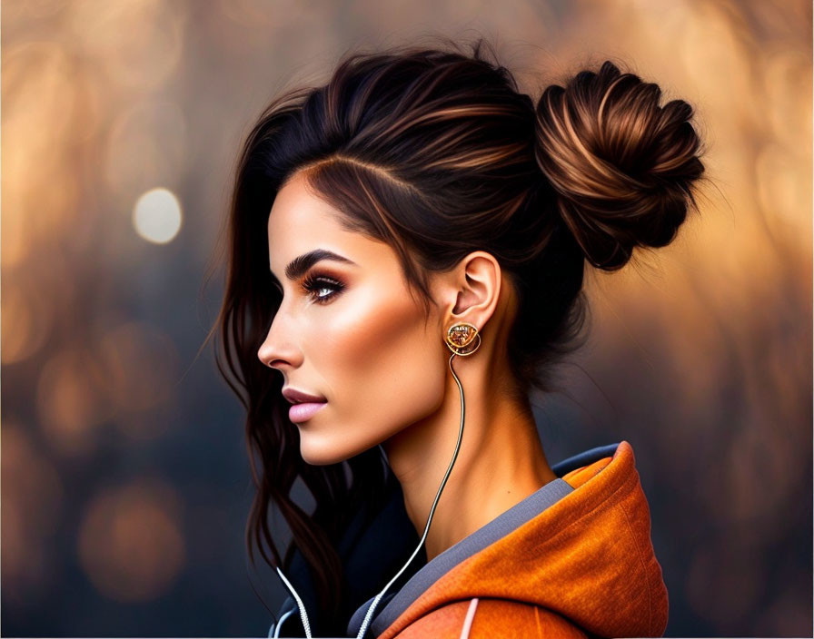 Digital portrait of woman with high bun, orange top, earrings, and earphones against bokeh background