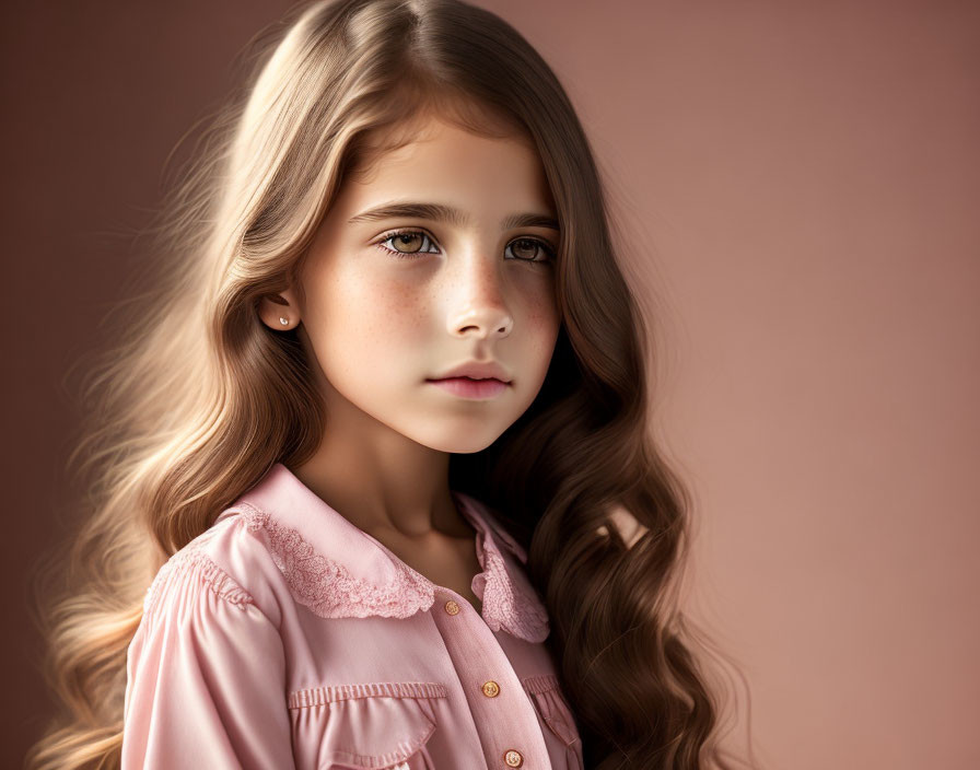 Young Girl with Wavy Hair in Pink Blouse on Brown Background